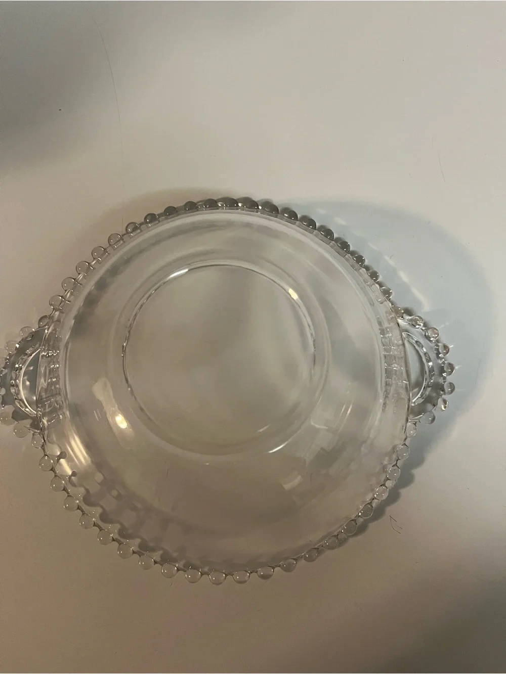 Vintage Clear Glass Beaded Rim Handled Serving Bowl Candlewick Style 10” MCM